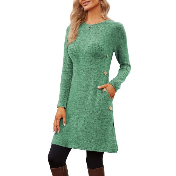 Dresses & Skirts - Jar of Love Women's Long Sleeve Scoop Neck Button Side Fall Dress with Pockets